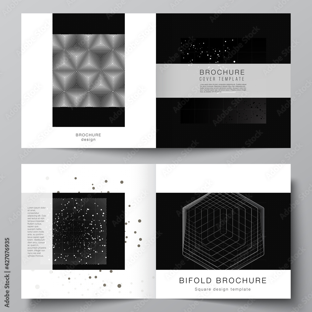 Vector layout of two covers templates for square design bifold brochure, flyer, cover design, book design. Black color technology background. Digital visualization of science, medicine, tech concept.