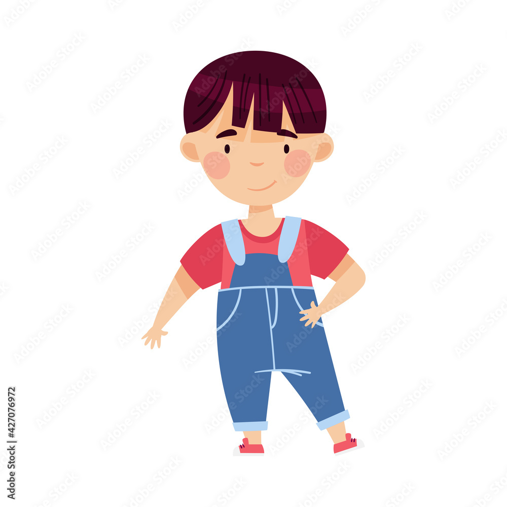 Dark-haired Boy Standing in Jumpsuit and Smiling Vector Illustration