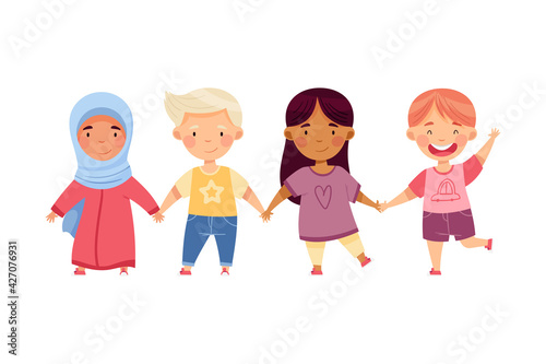 Multiethnic Children Holding Hands and Smiling Vector Illustration
