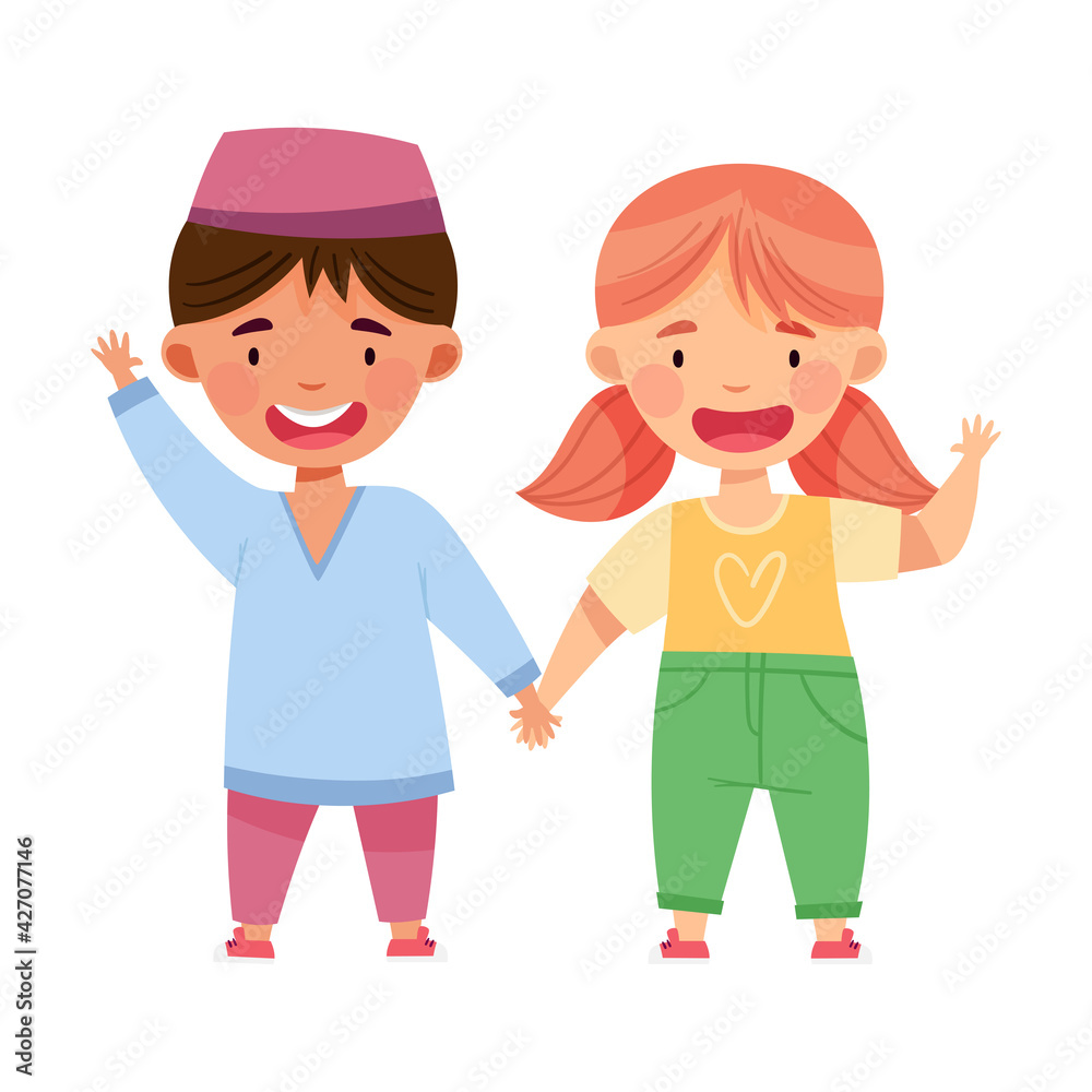 Cheerful Boy and Girl of Diverse Nationality Holding Hands and Smiling Vector Illustration