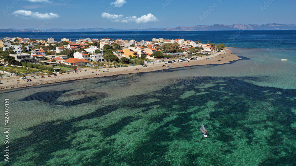 Aerial drone photo of famous for surfers area of Nisaki in Agios Nikolaos area, Artemida seaside village, Attica, Greece