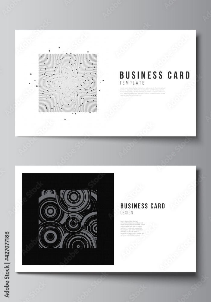 Vector layout of two creative business cards design templates, horizontal template vector design. Abstract technology black color science background. Digital data. Minimalist high tech concept.