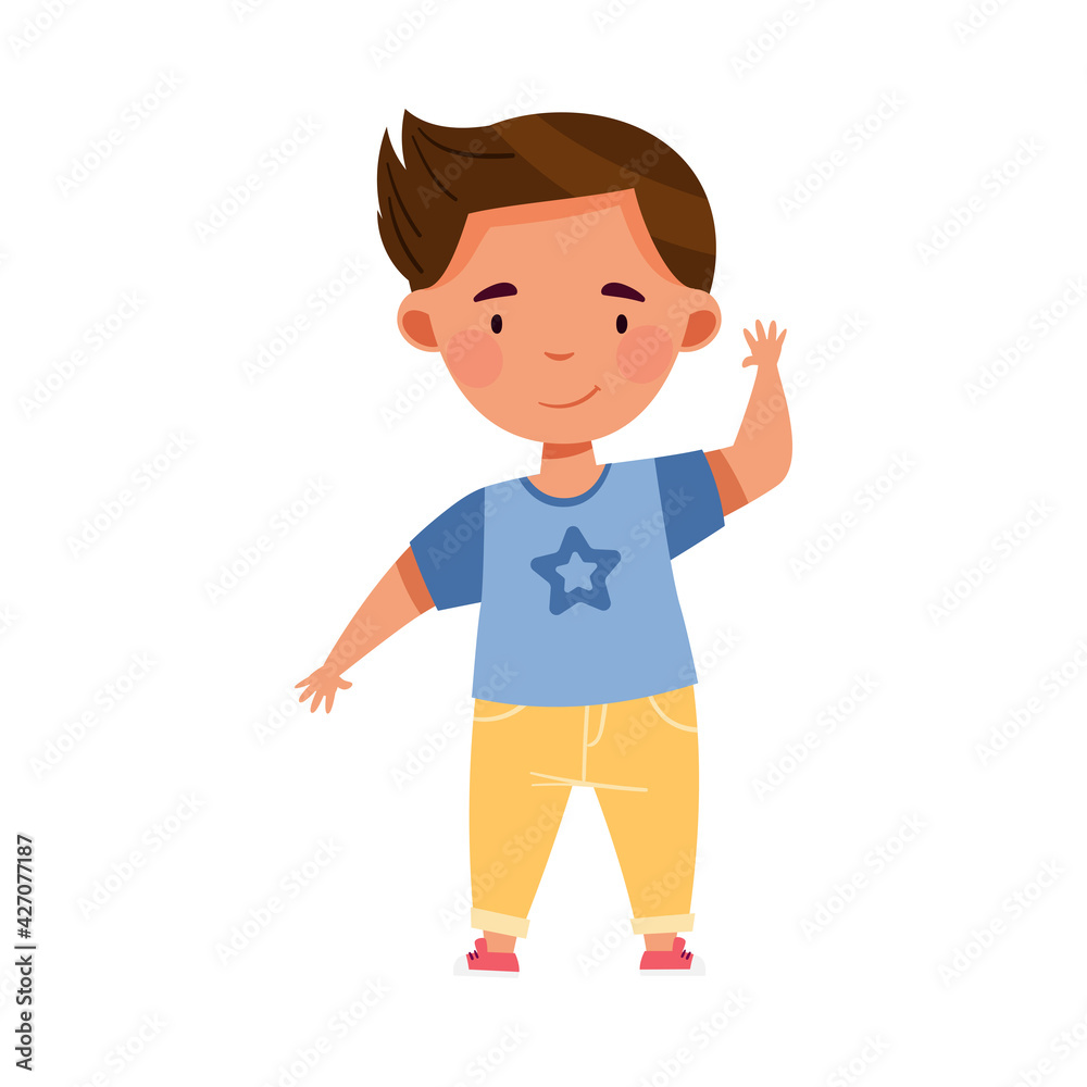 Smiling Boy Character Greeting Waving Hands Vector Illustration