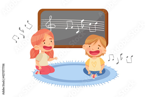Funny Toddlers in Kindergarden Sitting on the Floor and Singing Song Vector Illustration