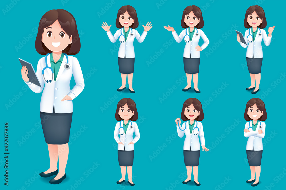 Asian doctor young woman short hair have different gestures for introducing work and medical services for children.