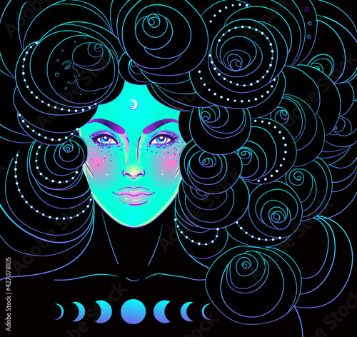 Mystic girl with green face, head of the clouds with moon and stars. Concept of inner reality, mental health, imagination. Female portrait of night goddess. Isolated vector illustration.