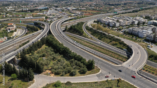 Aerial drone photo of multilevel highway junction toll road of Attiki Odos connecting Attica to Athens International Airport of Eleftherios Venizelos, Attica, Greece