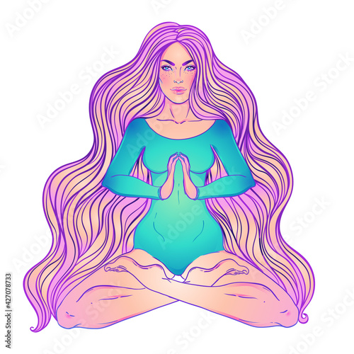 Beautiful Girl sitting in lotus position over ornate colorful neon background. Vector illustration. Psychedelic composition. Buddhism esoteric motifs. Tattoo, spiritual yoga.