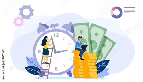 Times is money Concept save time Money saving Financial investments in stock market future income growth Tiny people characters working together with clock vector illustration