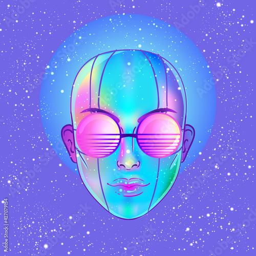 Portrait of robot android woman in retro futurism style. Vector illustration of a cyborg in glowing neon bright colors. futuristic synth wave flyer template. Cyber technology.