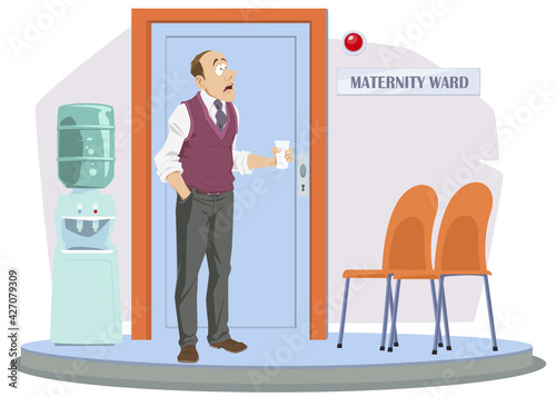 Man at door of medical facility. Maternity ward. Healthcare and Medicine. Illustration for internet and mobile website.