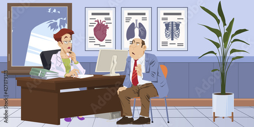 Man Patient at Doctor Appointment in Clinic Office. Illustration for internet and mobile website.