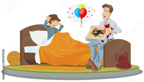 Father with gift. Little boy woke up in morning. Illustration for internet and mobile website.