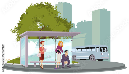 People at bus station. Illustration for internet and mobile website.