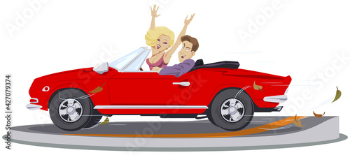 Happy young couple in cabriolet. Illustration for internet and mobile website.