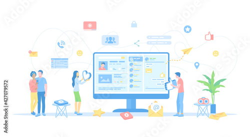 Social Media Network. Online internet communication. Website page social interface, chatting. People watching video and photo in the internet, like and subscribe to profile. Vector illustration