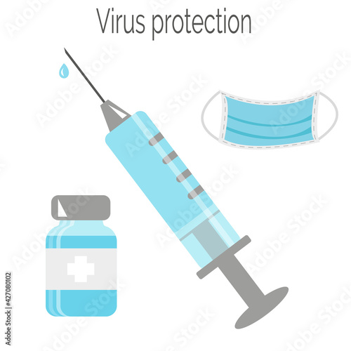 Virus protection. Set with syringe, mask, and a bottle of blue vaccine. Isolated on a white background