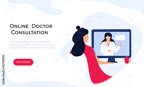 Online doctor consultation. The patient is at a remote appointment with a therapist. A woman has a conversation with a medical worker by video call using laptop. Telemedicine concept. Web page