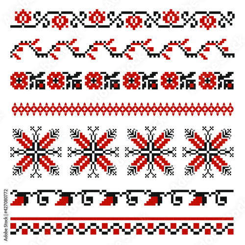 Set of traditional embroidery. Vector illustration of ethnic seamless ornamental geometric patterns