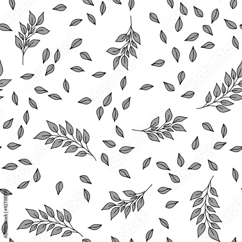 Vector seamless pattern with grey hand drawn branch and leaves on white background
