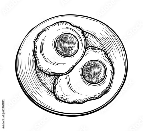 Ink sketch of fried eggs on plate.