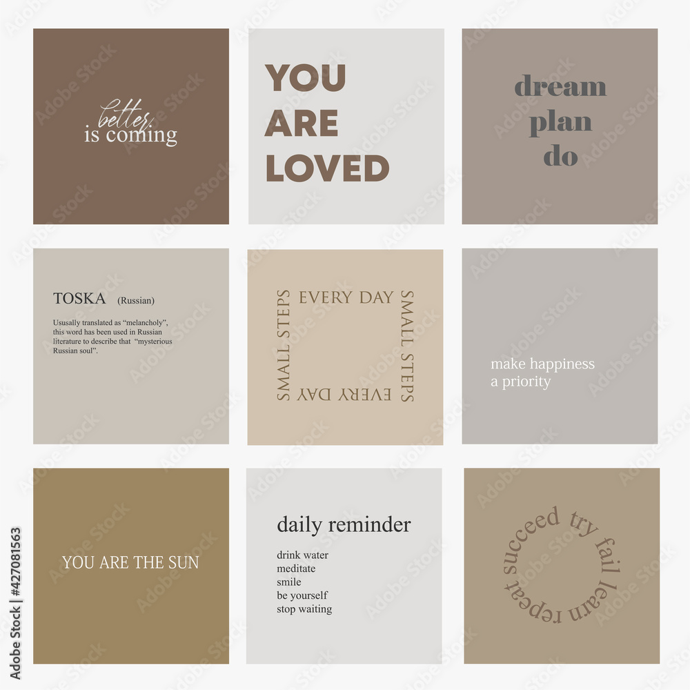 Quotes for instagram blog feed. Set of instagram post frame templates. Vector cover. Mockup for personal blog or shop.	