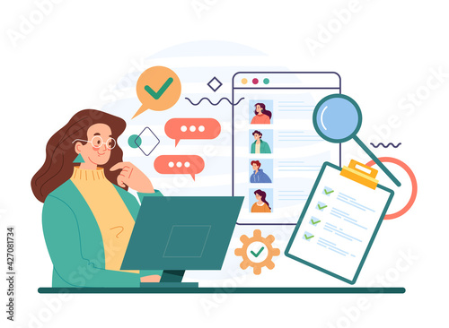 Woman bass character choosing job work candidate. Recruitment head hunting human resources concept. Vector flat cartoon modern style abstract illustration
