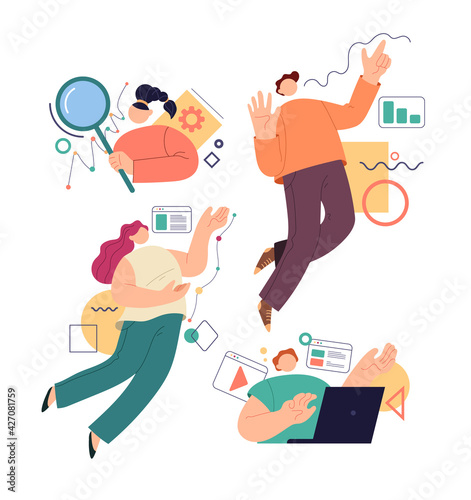 Business people man woman characters doing business online internet activities. Vector flat cartoon modern style abstract illustration set