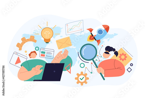 SEO searching internet online optimisation concept. Vector flat cartoon modern style abstract illustration