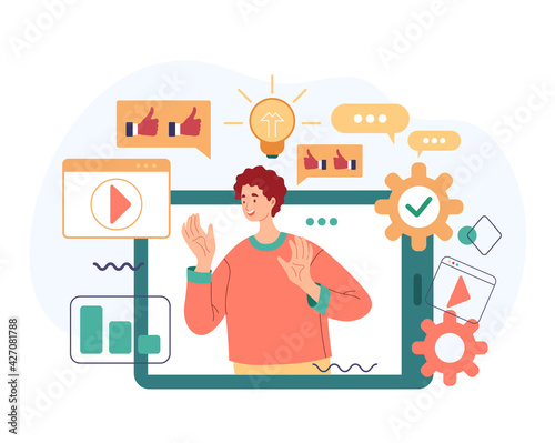 Social media management blogging online internet web influence concept. Vector flat cartoon modern style abstract illustration