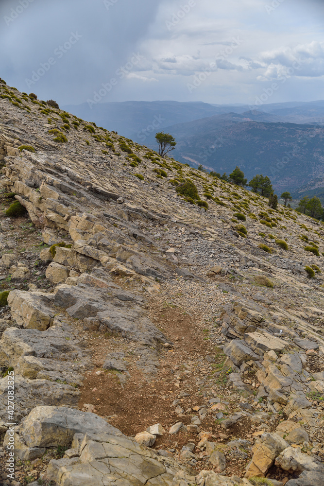 Penyagolosa, Valencia, Spain: 04.03.2021; The stone way to hight peak