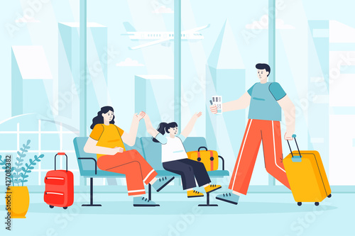 Travel vacation concept in flat design. Family in airport terminal waiting hall scene. Mom, dad and daughter flight on journey together. Vector illustration of people characters for landing page