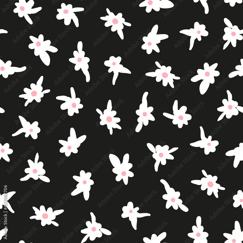 Random placed ditsy daisy seamless repeat pattern. Vector floral elements all over print with black background. Random placed ditsy daisy seamless repeat pattern. Vector floral elements all over print with black background.