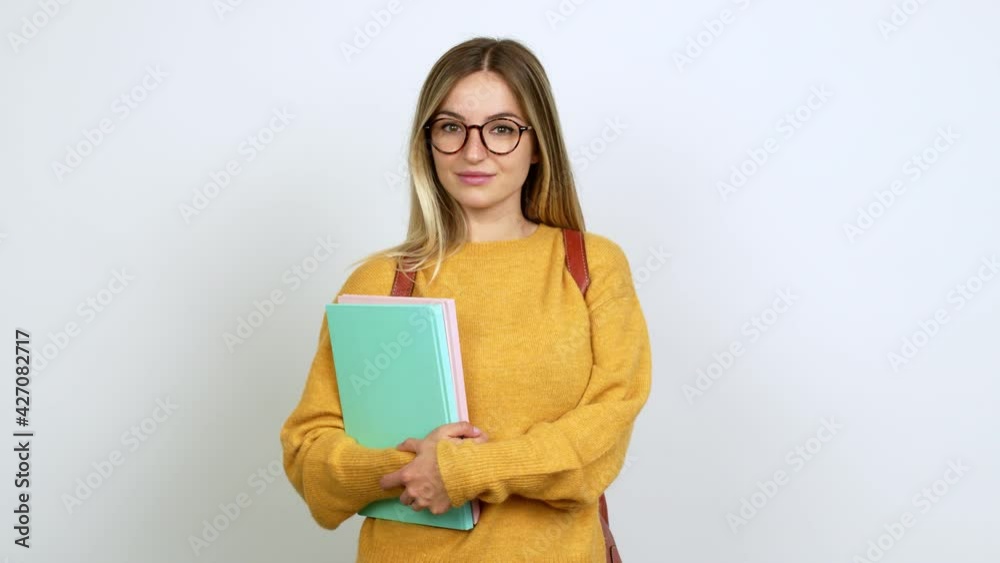 Young woman with backpack . Portratit over isolated background