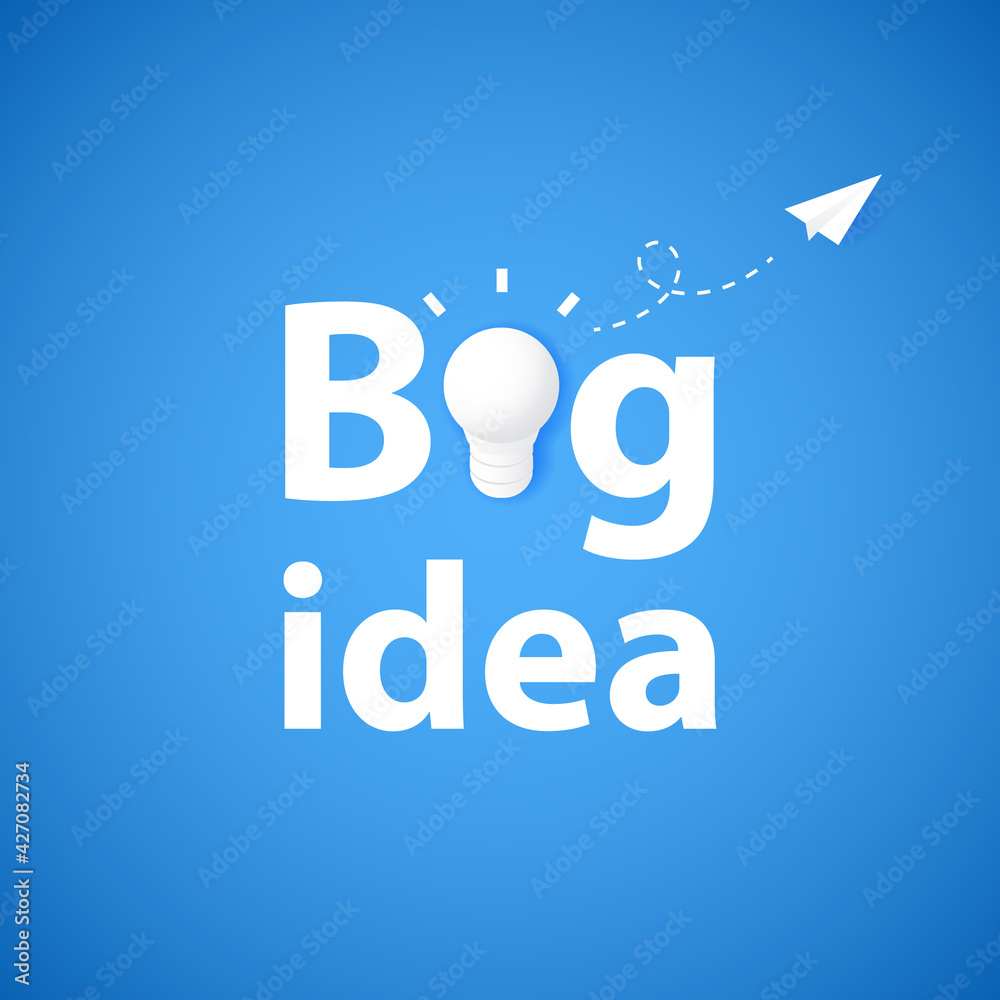 The concept of big idea, creativity and inspiration. White light bulb in the text and paper plane taking off on a blue background. The concept of big idea, creativity and inspiration. White light bulb in the text and paper plane taking off on a blue background.