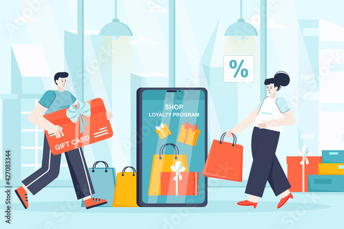 Shop loyalty program concept in flat design. Attraction of new clients scene. Man and woman shopping, receiving prizes from store, gift cards. Vector illustration of people characters for landing page