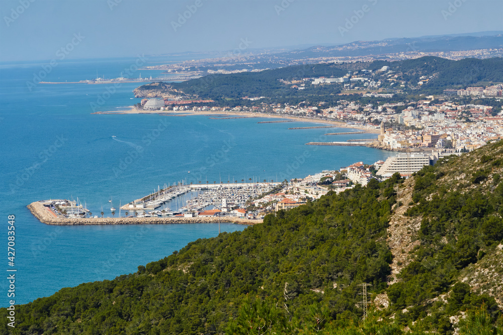 Beautiful Cities of Sitges and Vilanova i la Geltru at the horizon from the mountain, Catalonia, Spain
