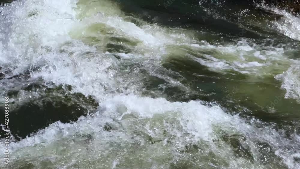 Mountain river water flow in powerful waterfall, video background. Fast stream of water close-up. Mountain river water flow in powerful waterfall, video background. Fast stream of water close-up.