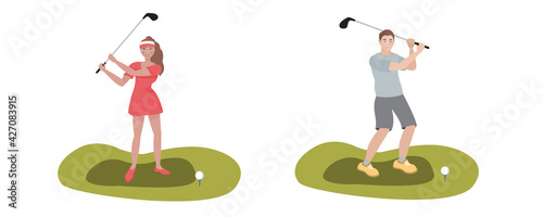 People playing golf on a golf course. Fun outdoor sports or leisure game, activity.  Sports banner, vector illustration