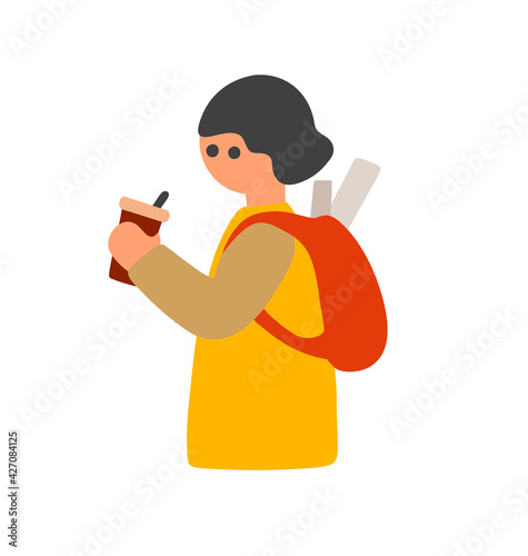 Student girl with schoolbag and a cup of coffee.