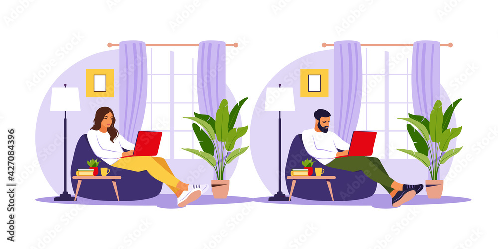 Fototapeta premium Man and woman sitting with laptop on bean bag chair. Concept illustration for working, studying, education, work from home. Flat. Vector illustration.