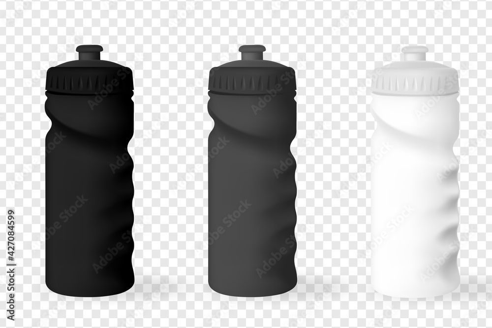 Drink Bottle Vector realistic 3d black, white and silver empty glossy metal water bottle. Design template of packaging mockup for graphics. Front View. Drink Bottle Vector realistic 3d black, white and silver empty glossy metal water bottle. Design template of packaging mockup for graphics. Front View.