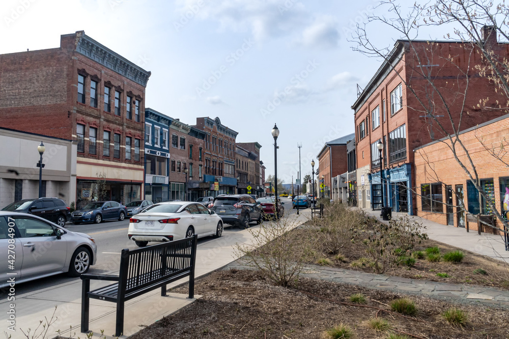 Port Jervis, NY - USA - April 10,2021: View of the historic Front Street in downtown Port Jervis, New York.