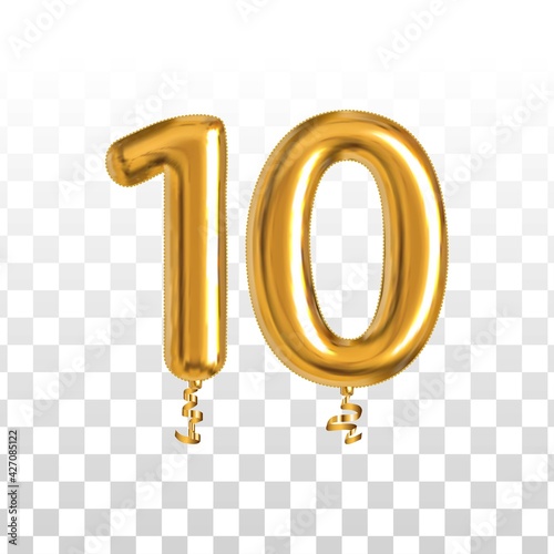 Vector realistic isolated golden balloon number of 10 for invitation decoration on the transparent background. photo