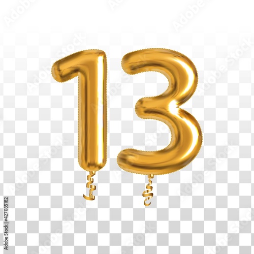 Vector realistic isolated golden balloon number of 13 for invitation decoration on the transparent background.