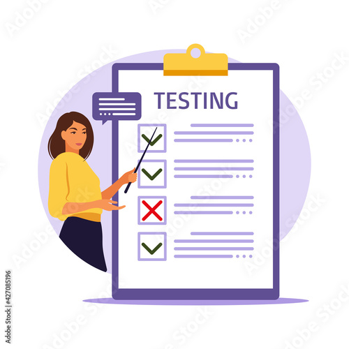 Concept of online exam on internet. Woman sitting near online form survey on laptop. Questionnaire, web learning, electronic voting. Vector illustration.