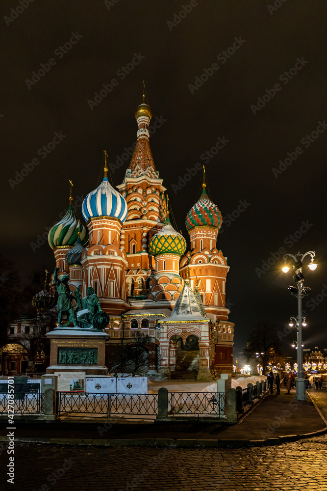 View of the Moscow Kremlin and St. Basil's Cathedral. Cristmas time in Moscow, Russia.