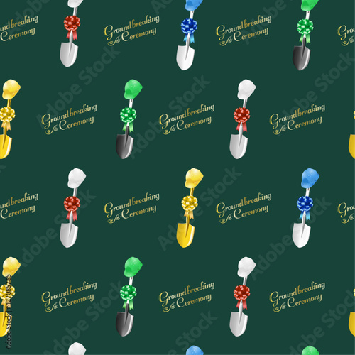 Seamless Pattern for Ground Breaking Ceremony with golden, silver, white shovels vector illustration