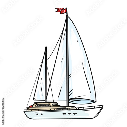 Sailing yacht with white sails. Illustration chic sailing ship. Luxurious yacht race, illustration of sea sailing regatta. Isolated