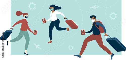 Happy people travellers with immunity passport. Covid-19 prevention. Negative test for coronavirus. Tourists with luggage and vaccination passports. New normal for trips, communication. Flat vector